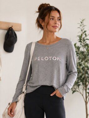 Peloton Long Sleeve Athleisure Top Gray Silver Logo Size M